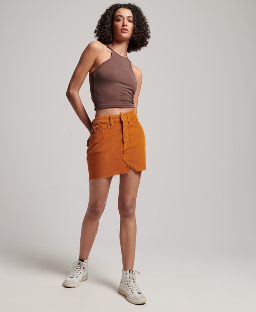 vintage corduroy minirok in pompoenkruidbruin