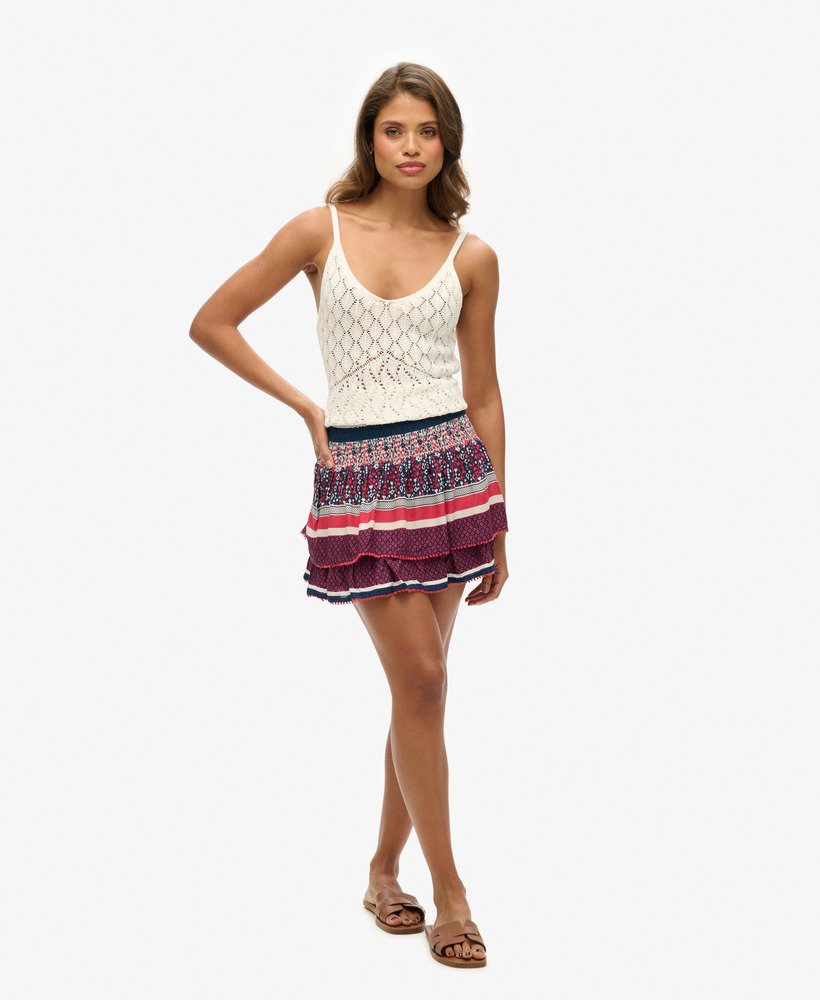 vintage gelaagde minirok met lineaire ikat-randprint