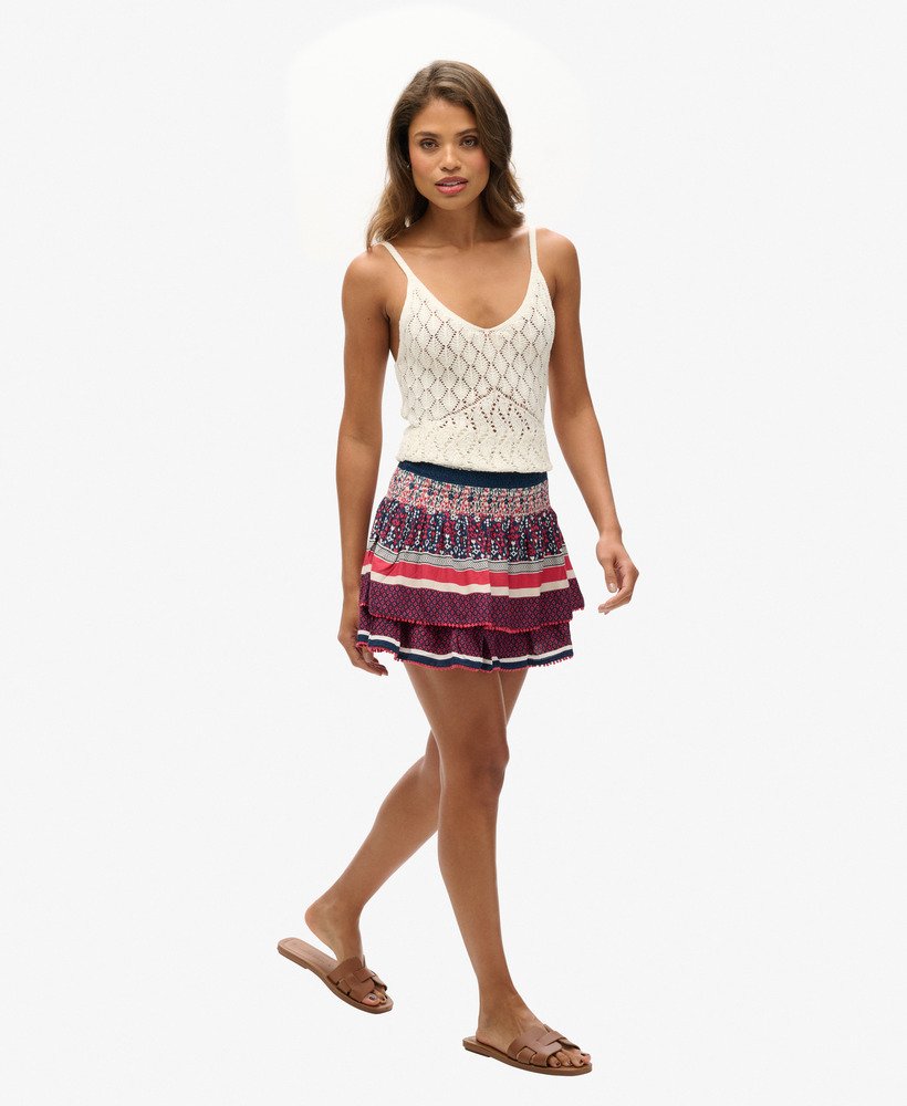 vintage gelaagde minirok met lineaire ikat-randprint