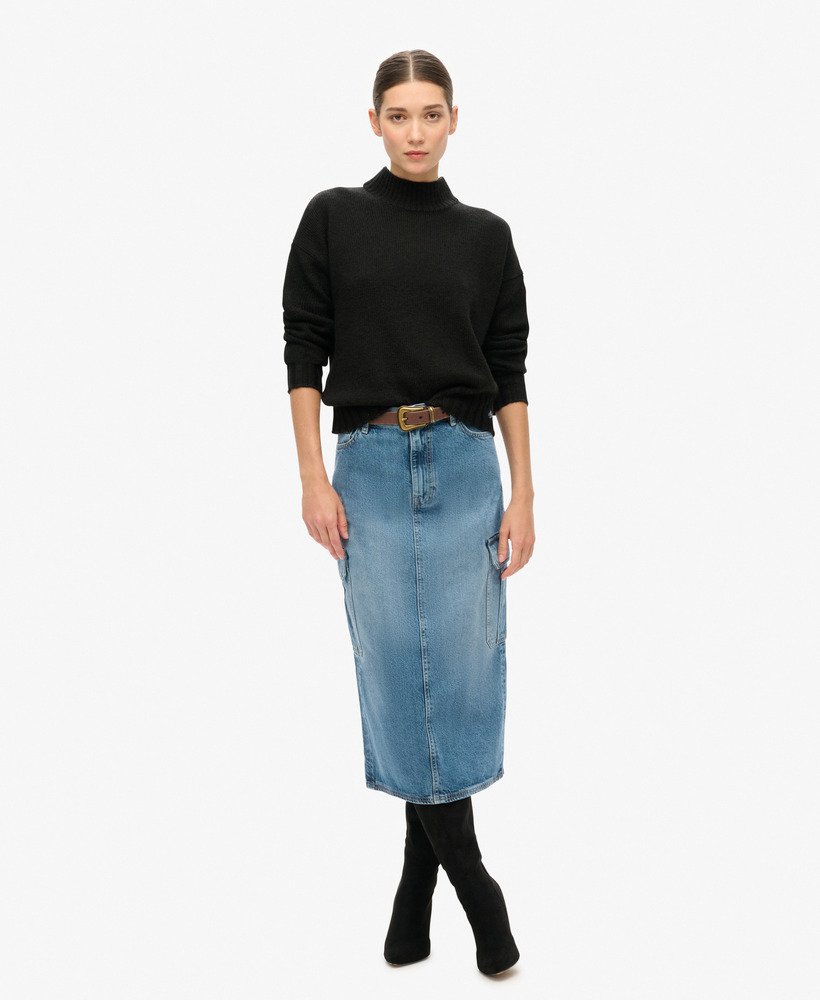 denim midi rok met cargozakken in ridley blue