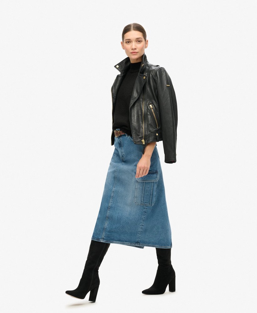 denim midi rok met cargozakken in ridley blue