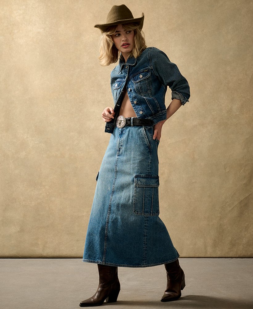 denim midi rok met cargozakken in ridley blue