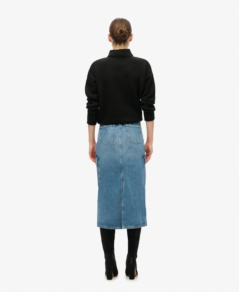 denim midi rok met cargozakken in ridley blue