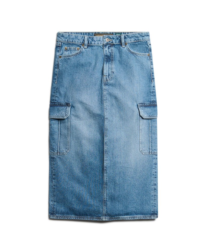denim midi rok met cargozakken in ridley blue