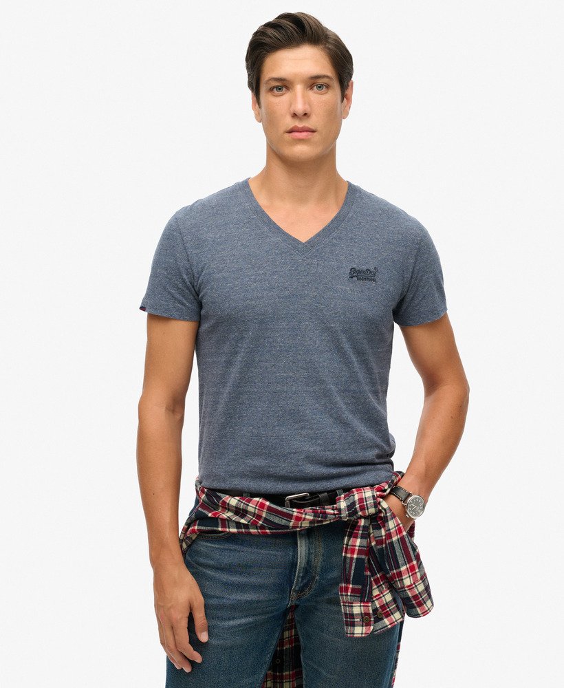 t-shirt met v-hals en essential-logo van biologisch katoen in navy marl.