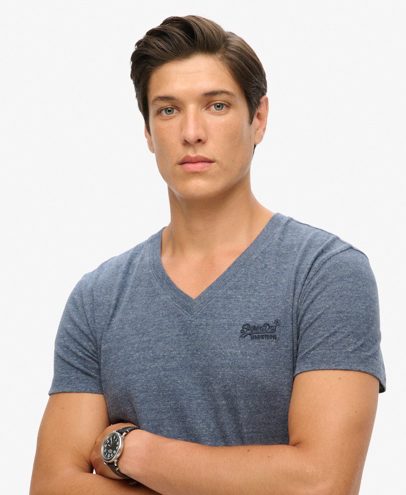 t-shirt met v-hals en essential-logo van biologisch katoen in navy marl.
