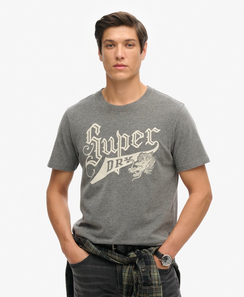 vintage t-shirt in scriptstijl voor studenten in de kleur charcoal marl.