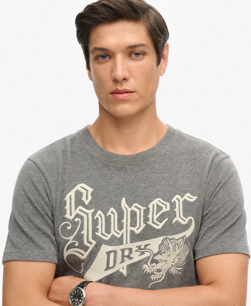 vintage t-shirt in scriptstijl voor studenten in de kleur charcoal marl.