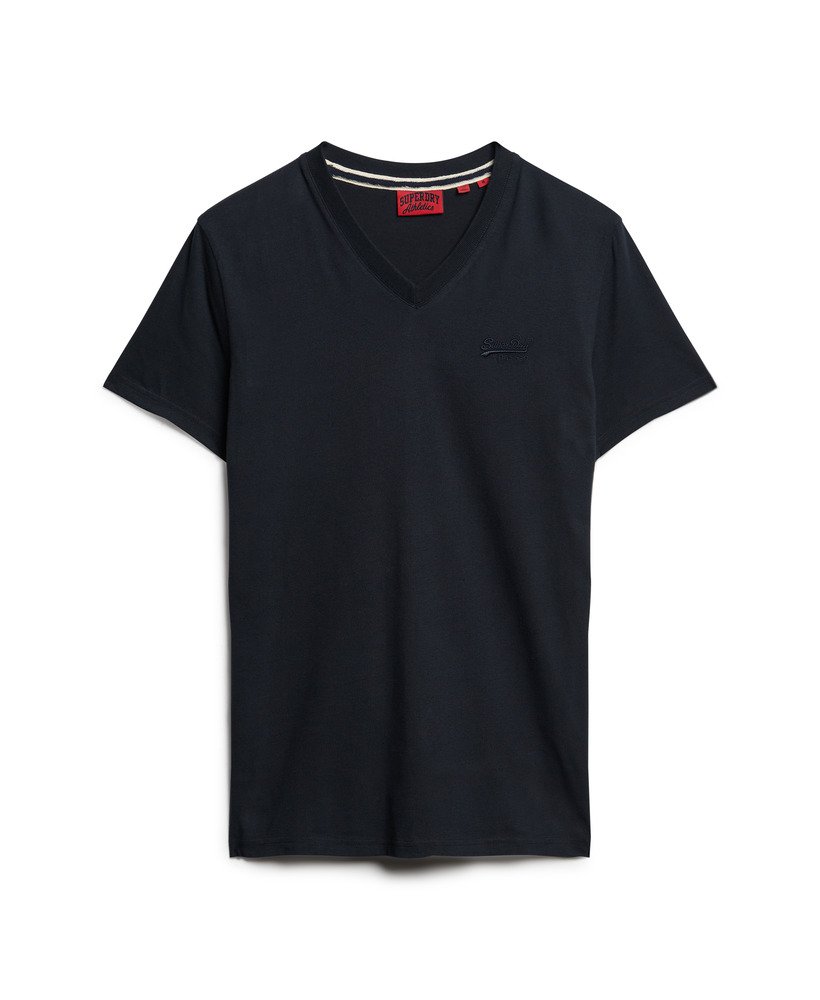 t-shirt met v-hals en geborduurd logo van biologisch katoen in de kleur eclipse navy.