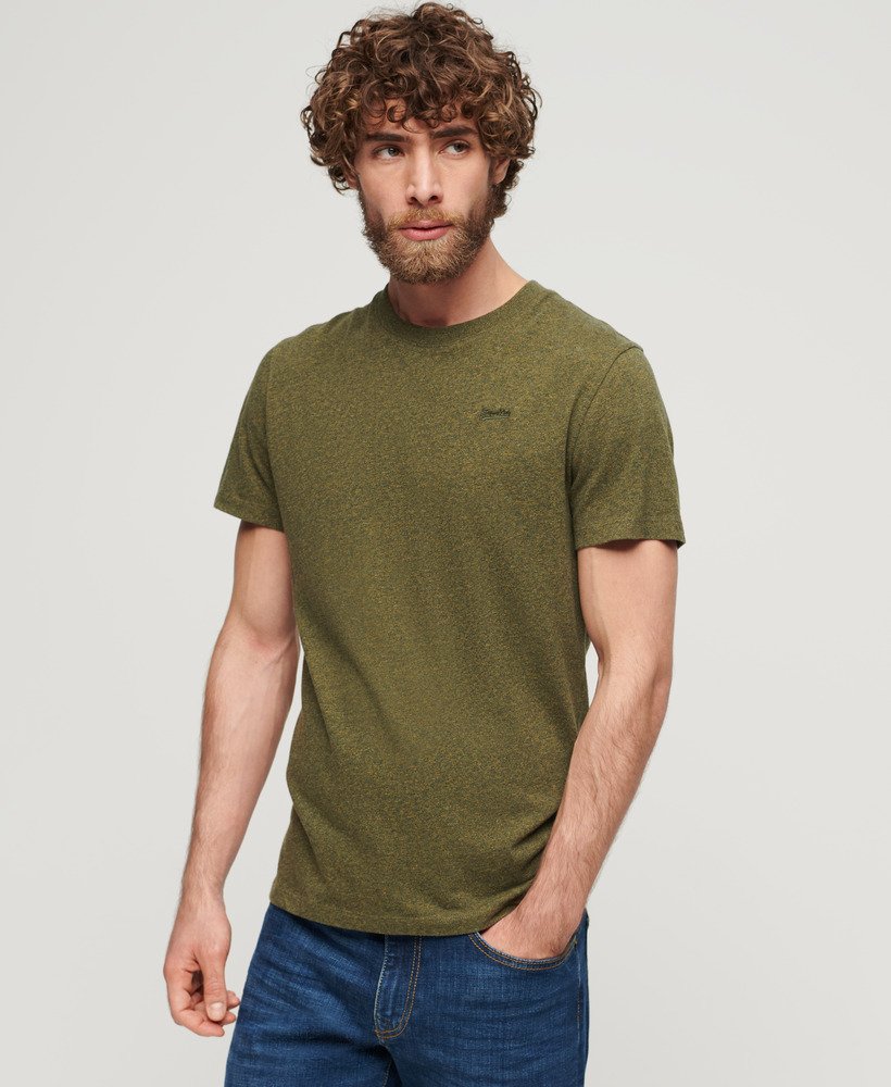 essential t-shirt met klein logo van biologisch katoen in olijfgroene gemêleerde kleur.