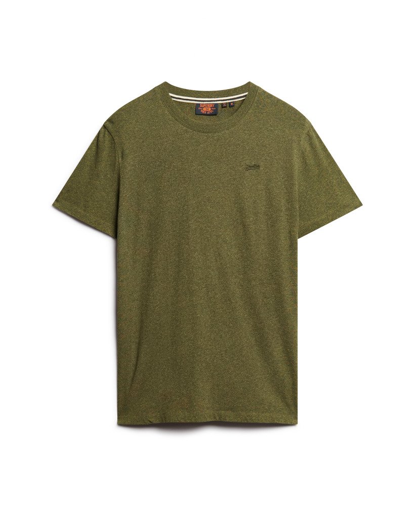 essential t-shirt met klein logo van biologisch katoen in olijfgroene gemêleerde kleur.