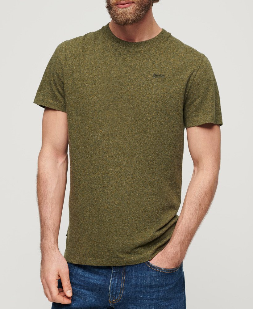 essential t-shirt met klein logo van biologisch katoen in olijfgroene gemêleerde kleur.