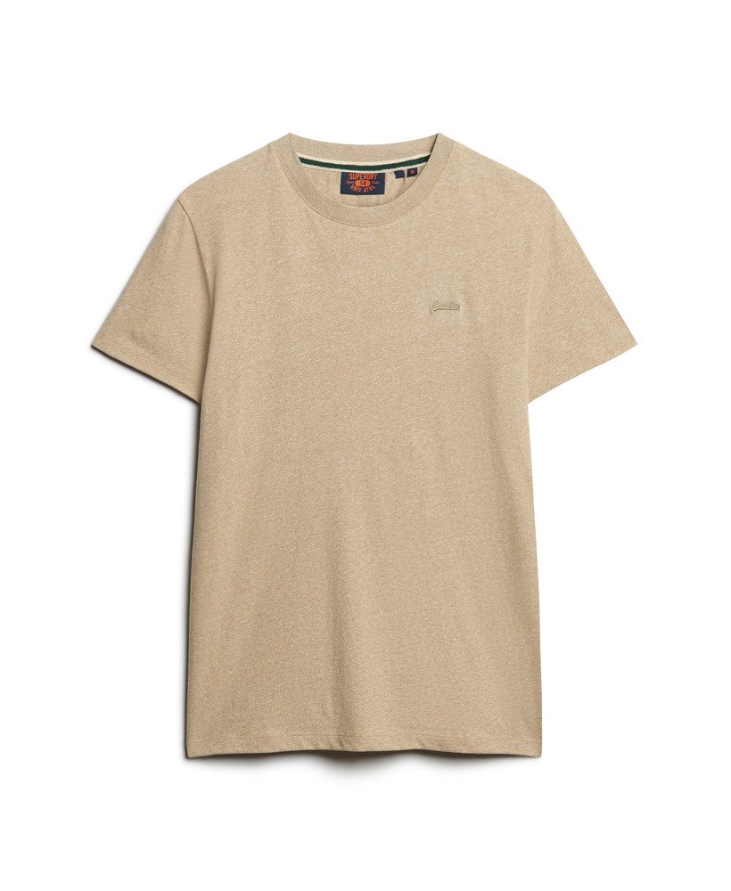 essential t-shirt met klein logo van biologisch katoen in beige met bruine spikkels.