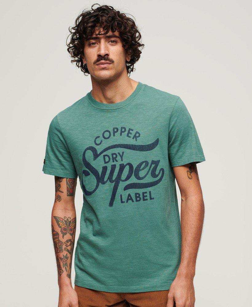 copper label script t-shirt in drius green slub