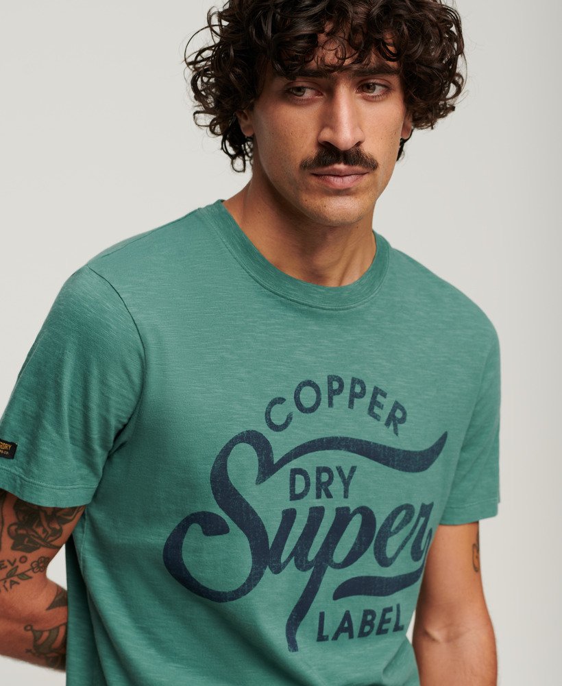 copper label script t-shirt in drius green slub