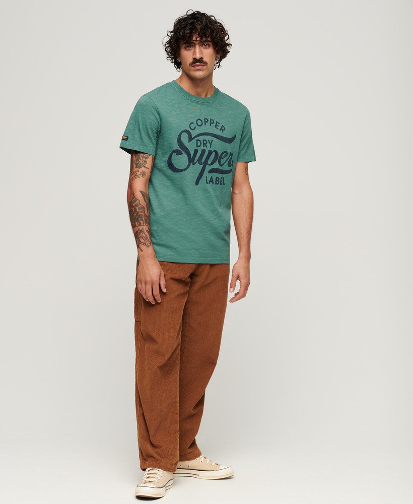 copper label script t-shirt in drius green slub