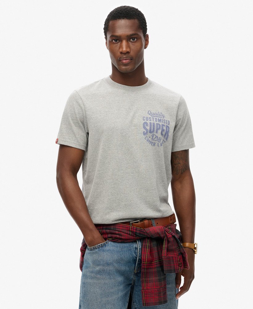 copper label t-shirt met borstprint in asgrijs gemêleerd