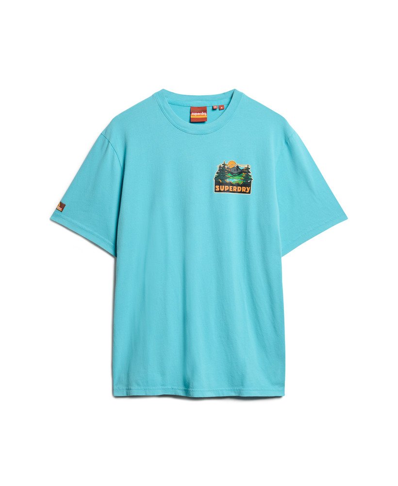 t-shirt met print van een reisansichtkaart op de borst in maui blue