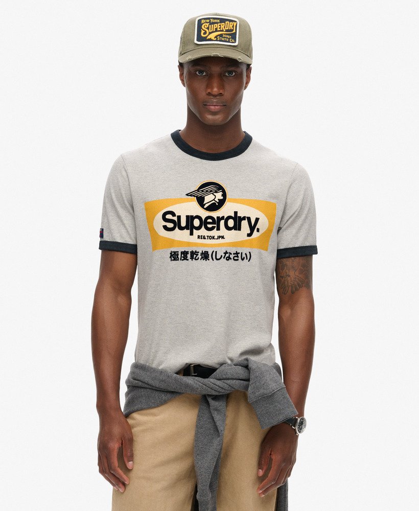 core logo ringer workwear graphic t-shirt in pumice stone beige marl