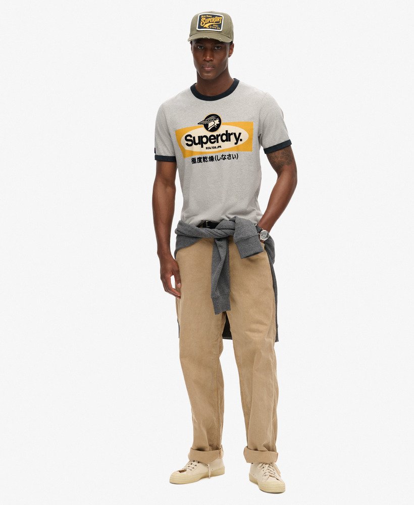 core logo ringer workwear graphic t-shirt in pumice stone beige marl