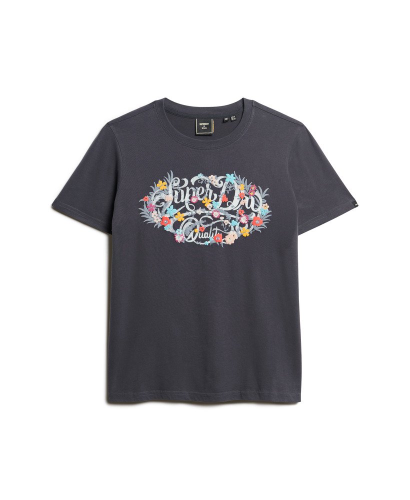 t-shirt met bloemenprint en opdruk in blackboard-stijl.