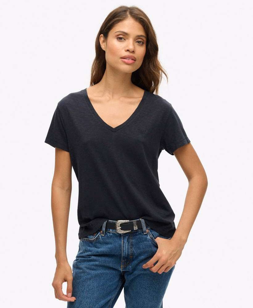 Geborduurd T-shirt met V-hals en slub-structuur