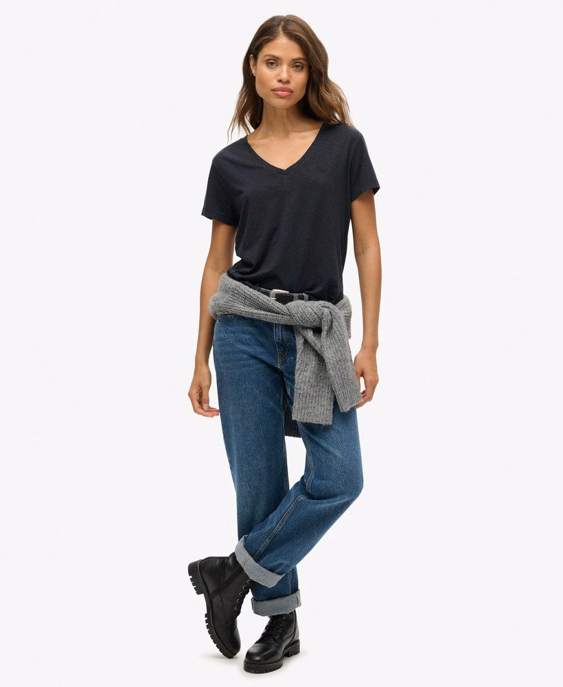 Geborduurd T-shirt met V-hals en slub-structuur