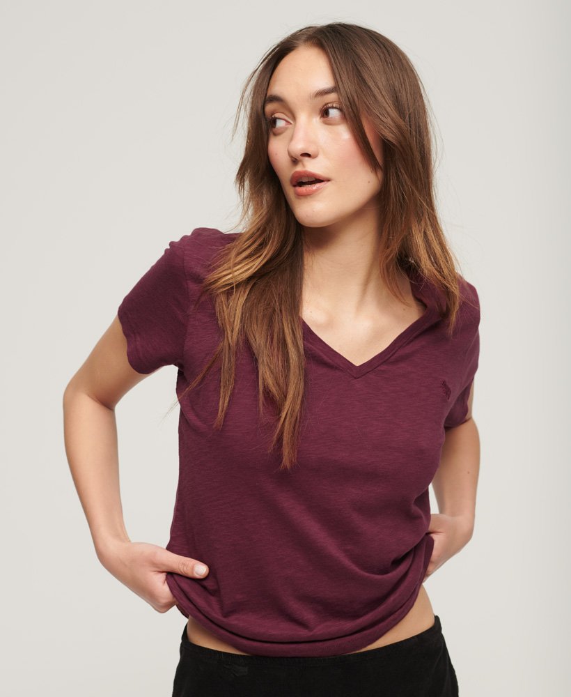geborduurd t-shirt met v-hals en slub-print in de kleur deep port.