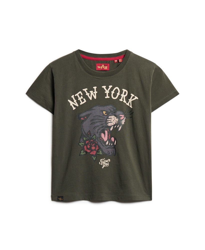 tattoo graphic 90s fit t-shirt in donkergrijsgroen