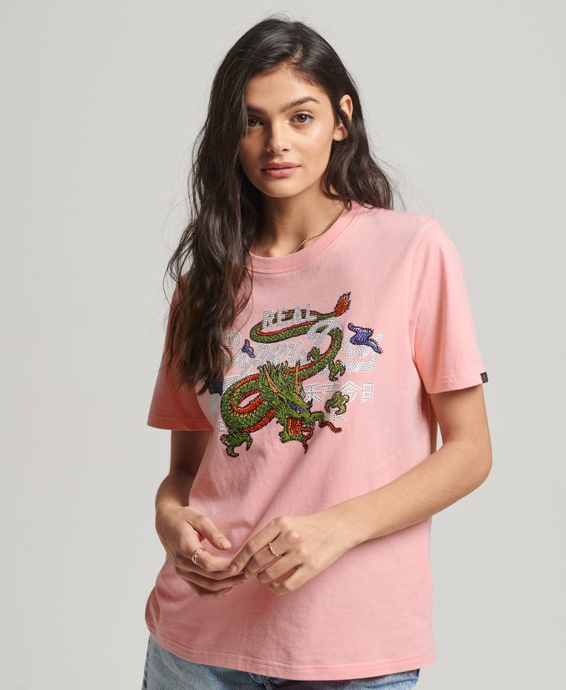 vintage logo t-shirt met tekst in pioenroze