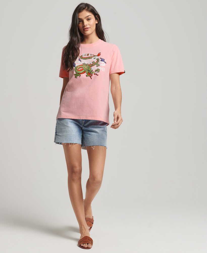 vintage logo t-shirt met tekst in pioenroze