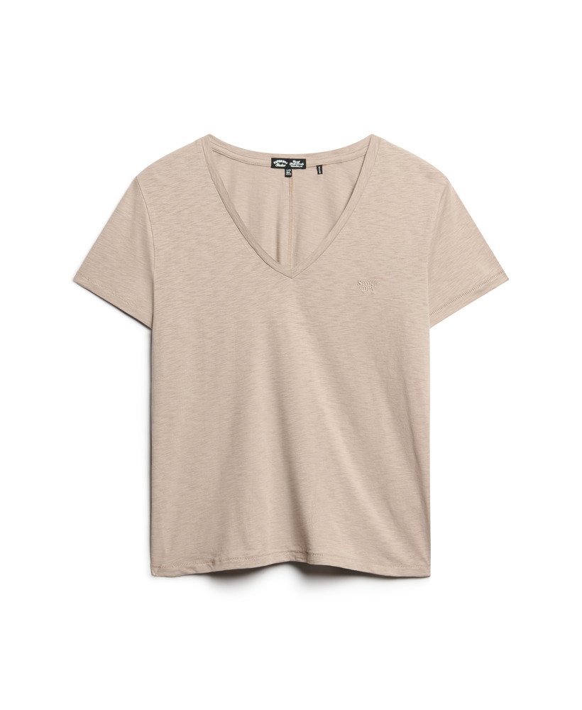 geborduurd t-shirt met v-hals en slub-print in stringbruin.