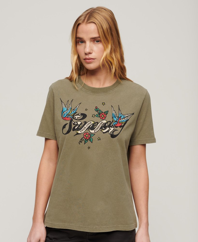 tattoo script graphic t-shirt in moss khaki