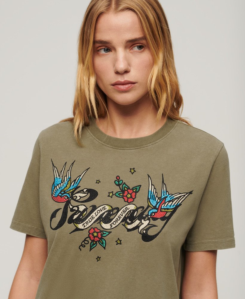 tattoo script graphic t-shirt in moss khaki