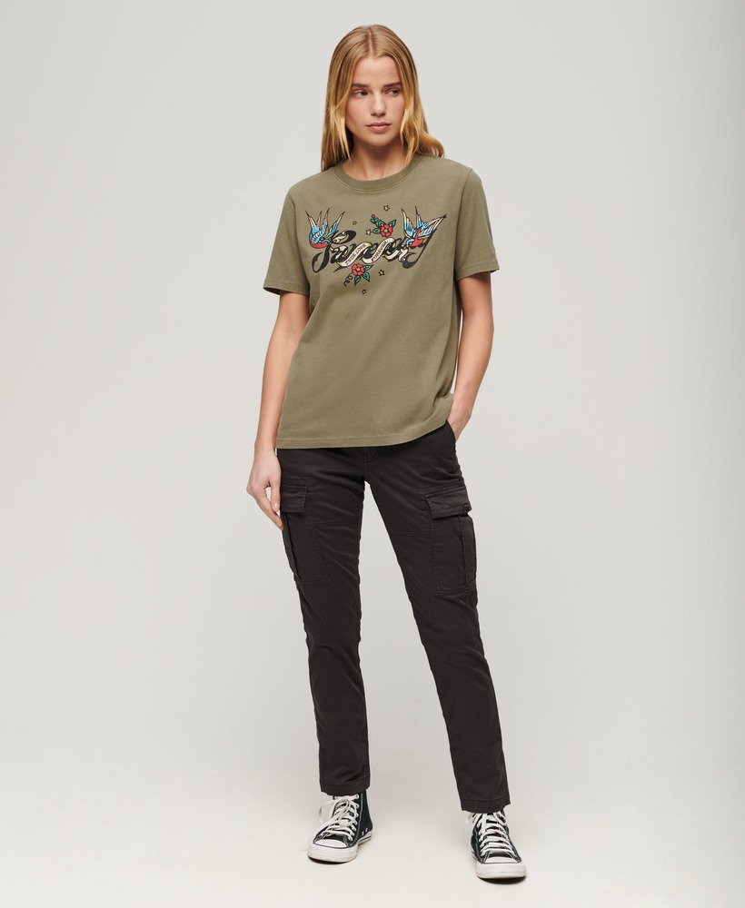 tattoo script graphic t-shirt in moss khaki