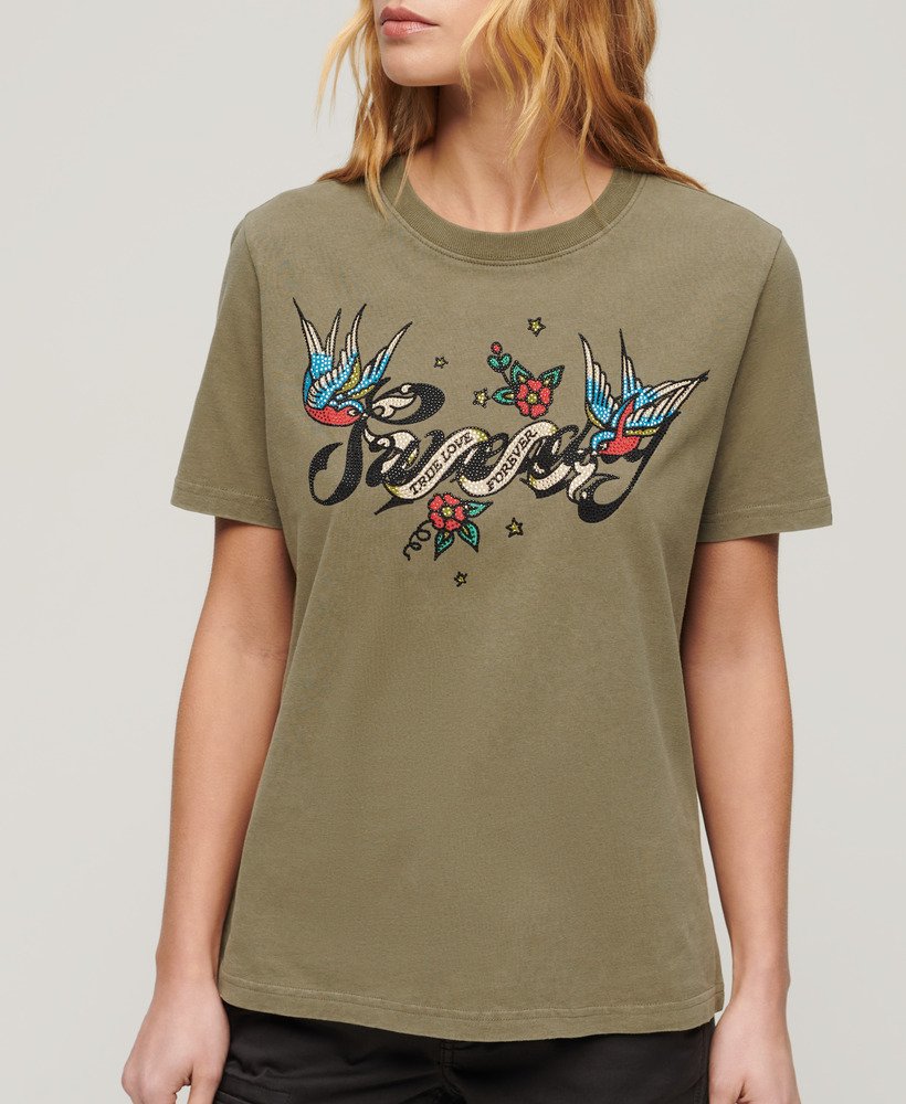 tattoo script graphic t-shirt in moss khaki