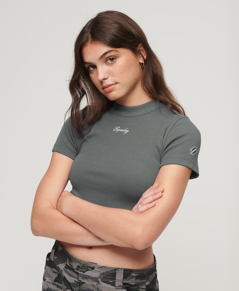 geborduurd cropped t-shirt van biologisch katoen in stormy weather blue