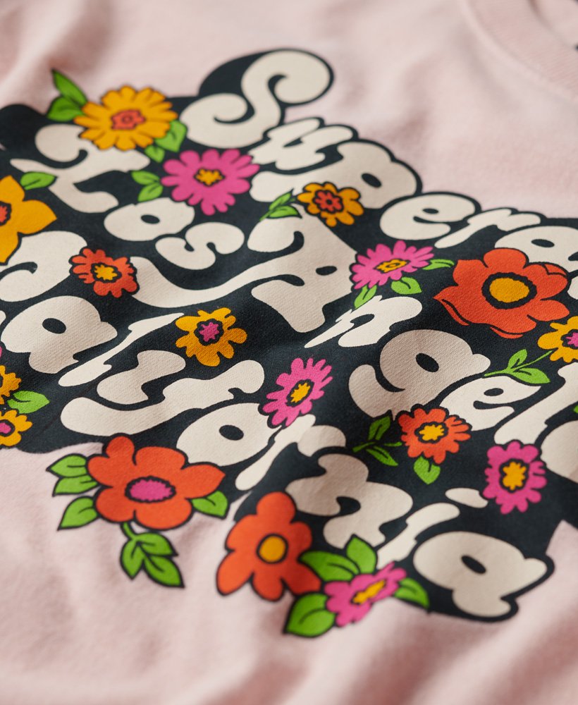 t-shirt met bloemen- en scriptlogo uit de jaren 70 in somon pink marl