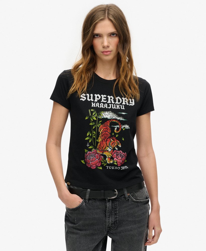 getailleerd t-shirt met tattoo- en strasssteentjesprint in zwart