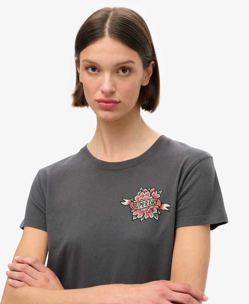 tattoo t-shirt met strasssteentjes in antraciet.