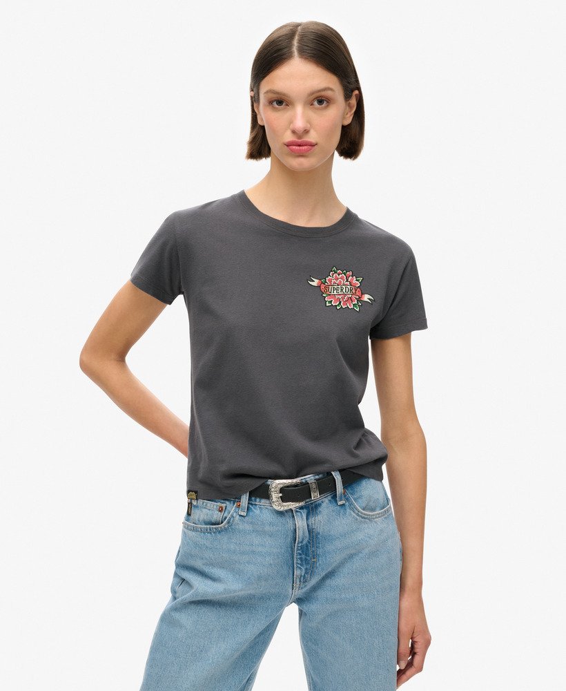 tattoo t-shirt met strasssteentjes in antraciet.