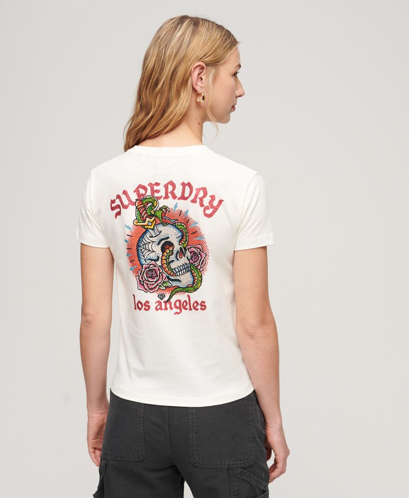 getailleerd t-shirt met tattoo- en strasssteentjes in winterwit