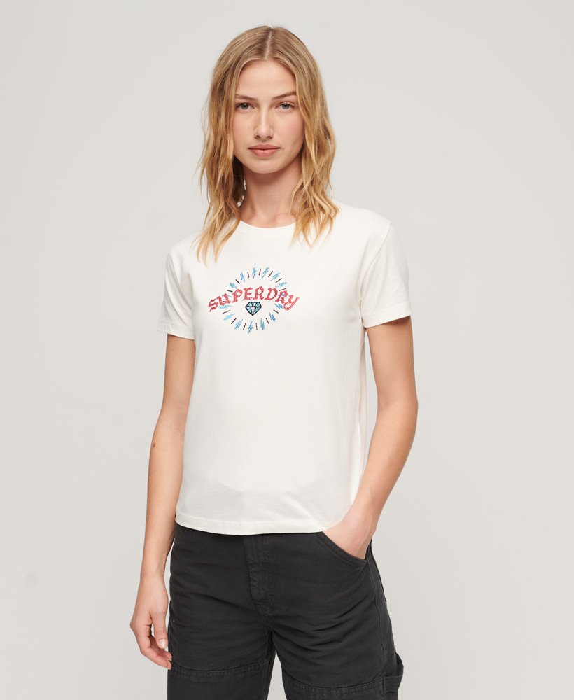 getailleerd t-shirt met tattoo- en strasssteentjes in winterwit