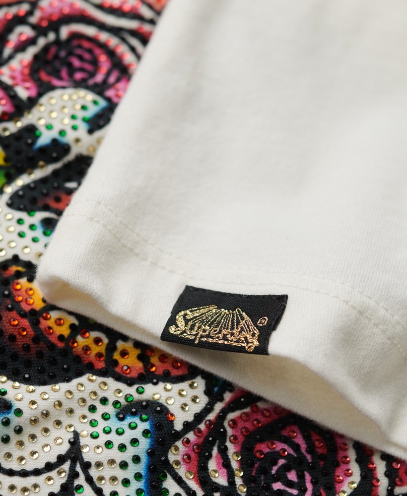 getailleerd t-shirt met tattoo- en strasssteentjes in winterwit