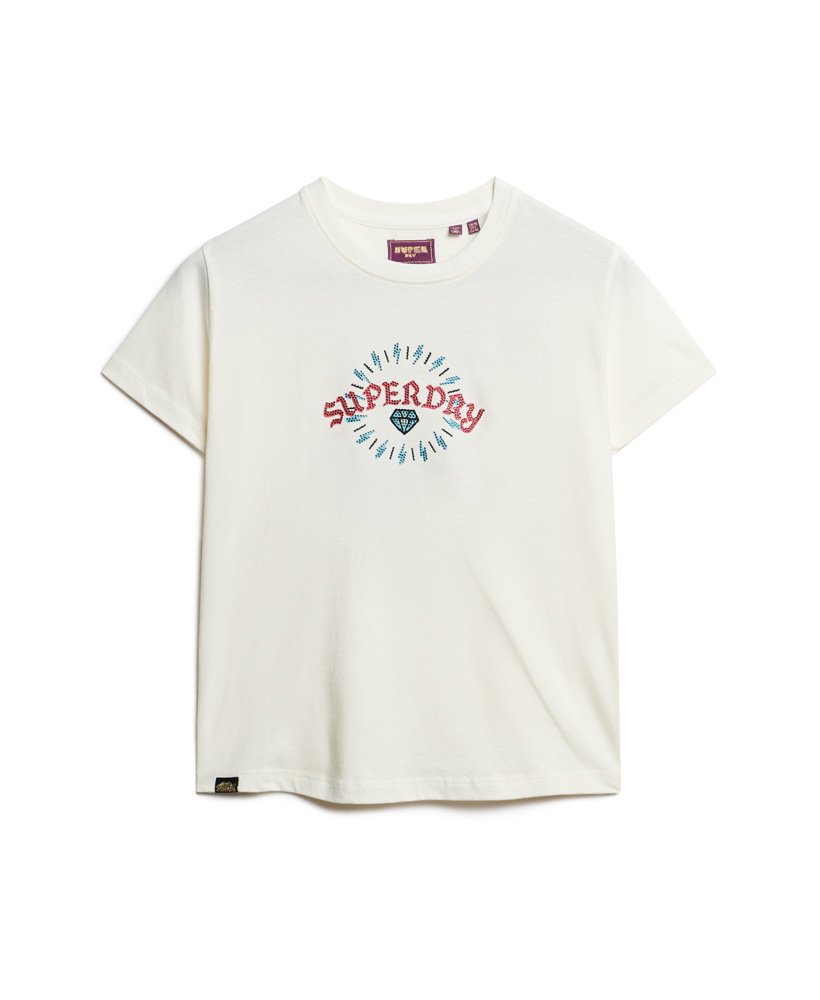 getailleerd t-shirt met tattoo- en strasssteentjes in winterwit