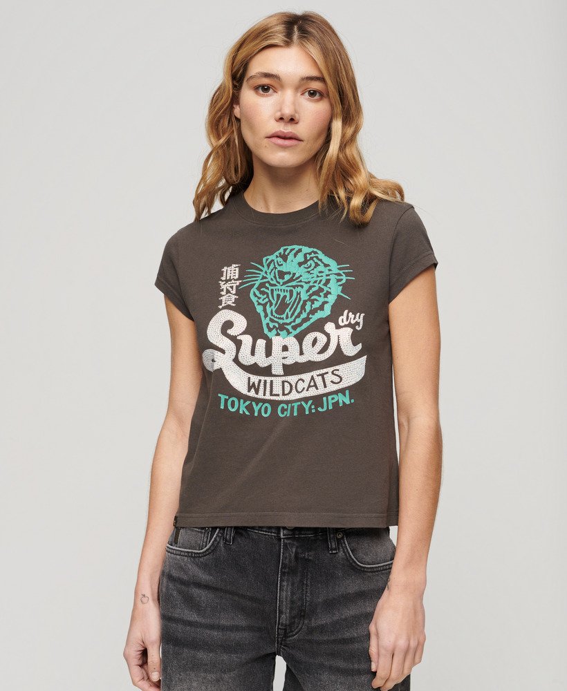 versierd poster t-shirt met korte mouwen in vintage zwart