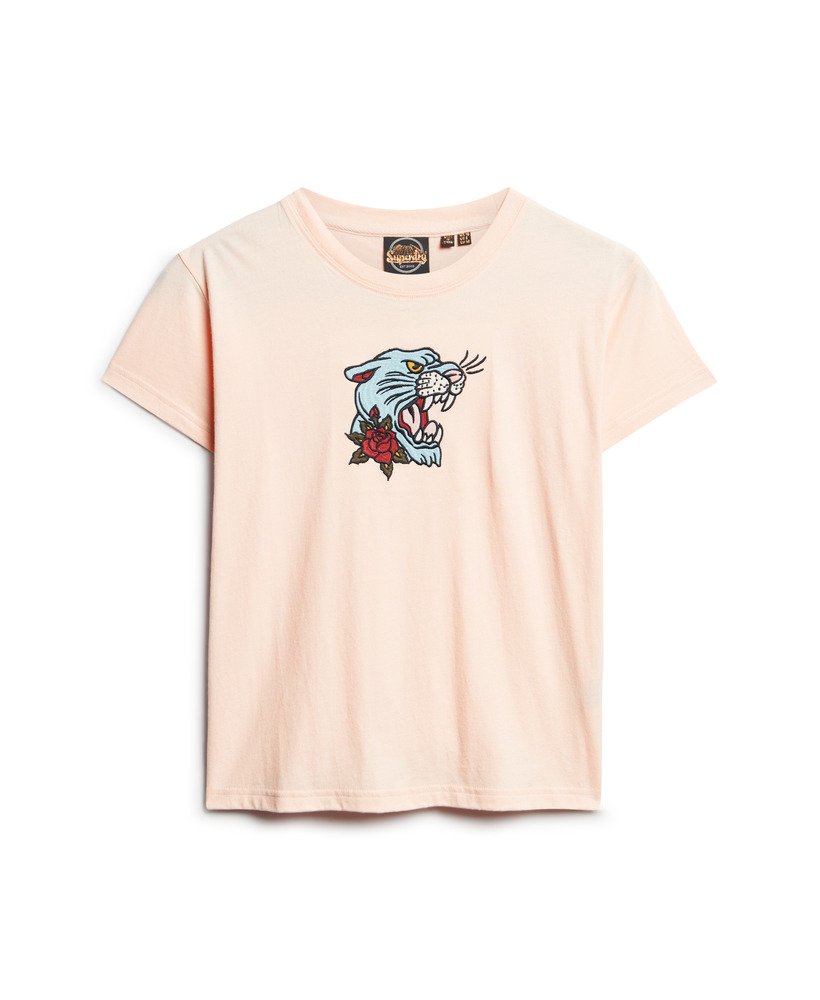 getailleerd t-shirt met tattoo-borduurwerk in perzikroze.