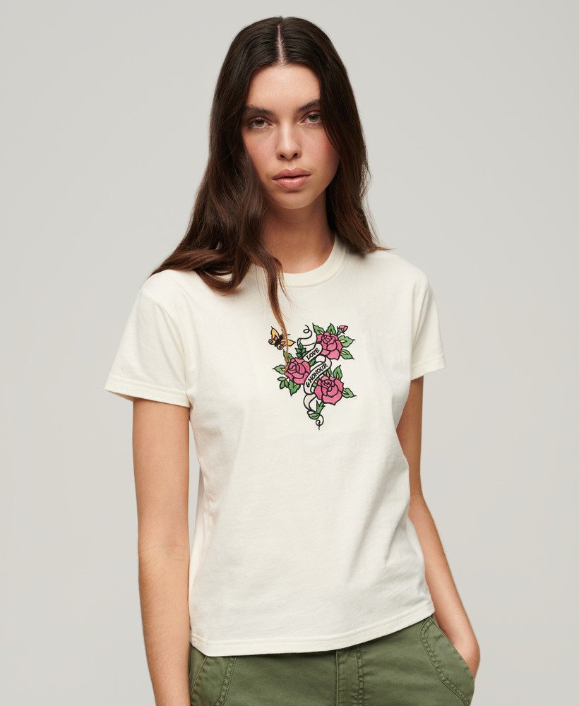 getailleerd t-shirt met tattoo-borduurwerk in crèmekleur.