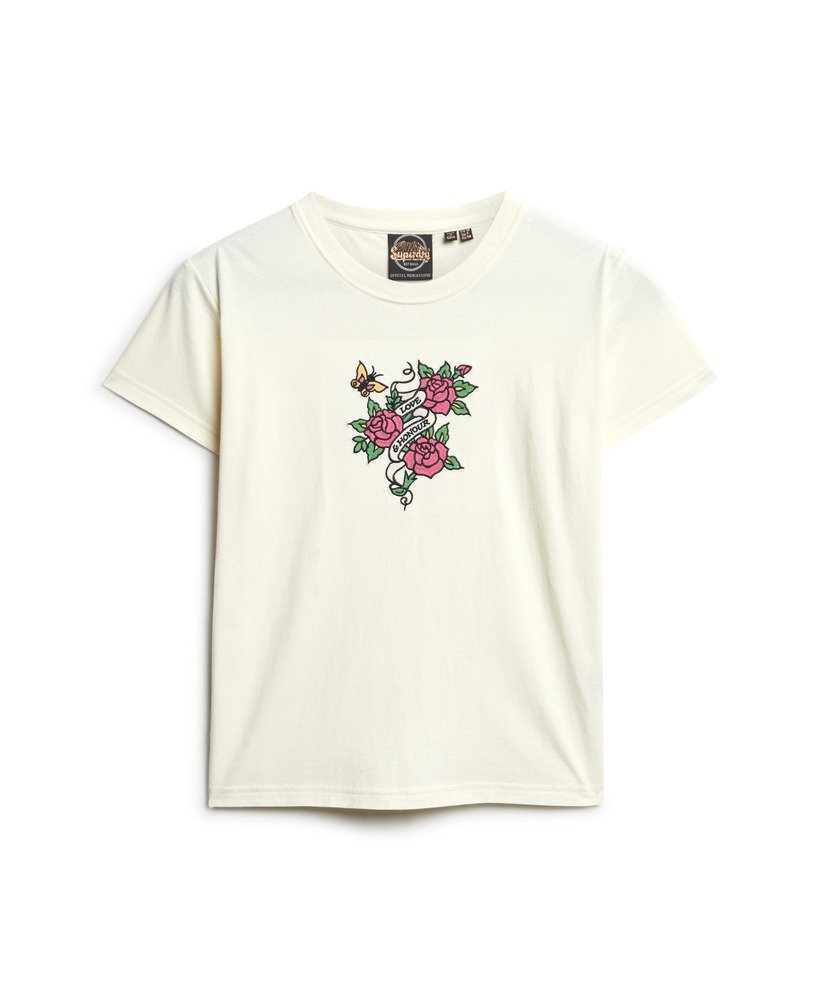getailleerd t-shirt met tattoo-borduurwerk in crèmekleur.