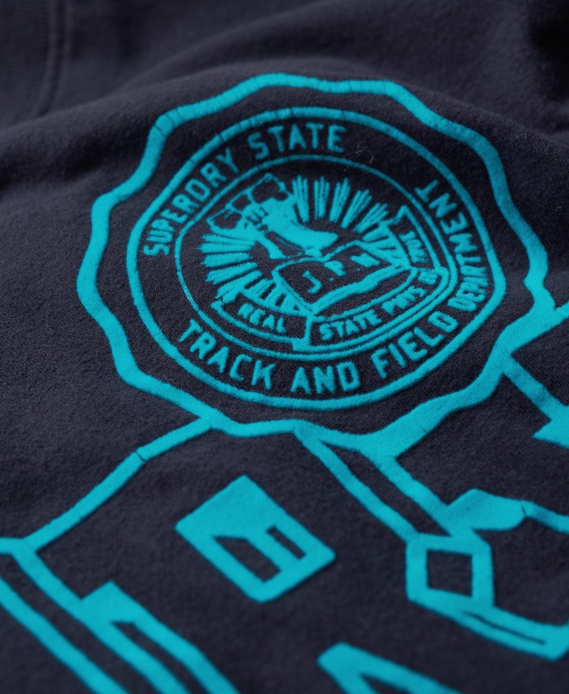 getailleerd varsity-t-shirt met fluweelachtige afwerking in donkerblauw.